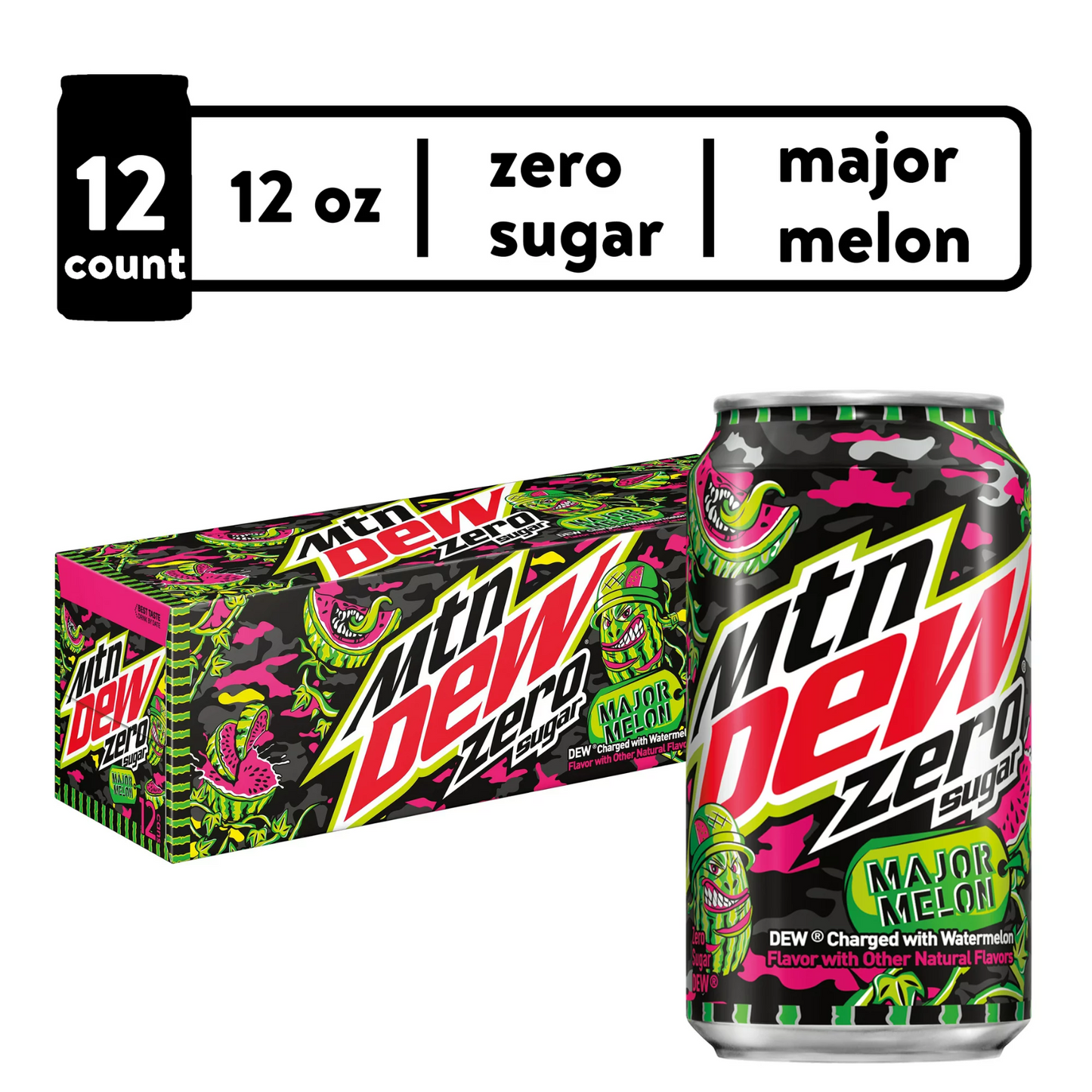 Mountain Dew Zero Sugar Major Melon Watermelon Citrus Soda Pop - 12 pk/12 fl oz Cans